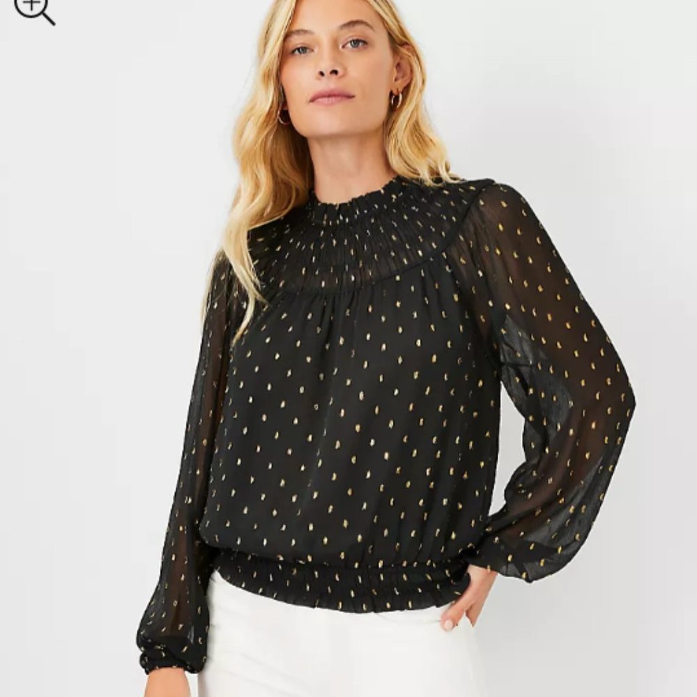 NWOT Metallic Clip Smocked Ruffle Neck Top